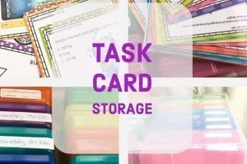Task card organization for your classroom. Options to help you store and reuse your task cards every year. Rhoda Design Studio