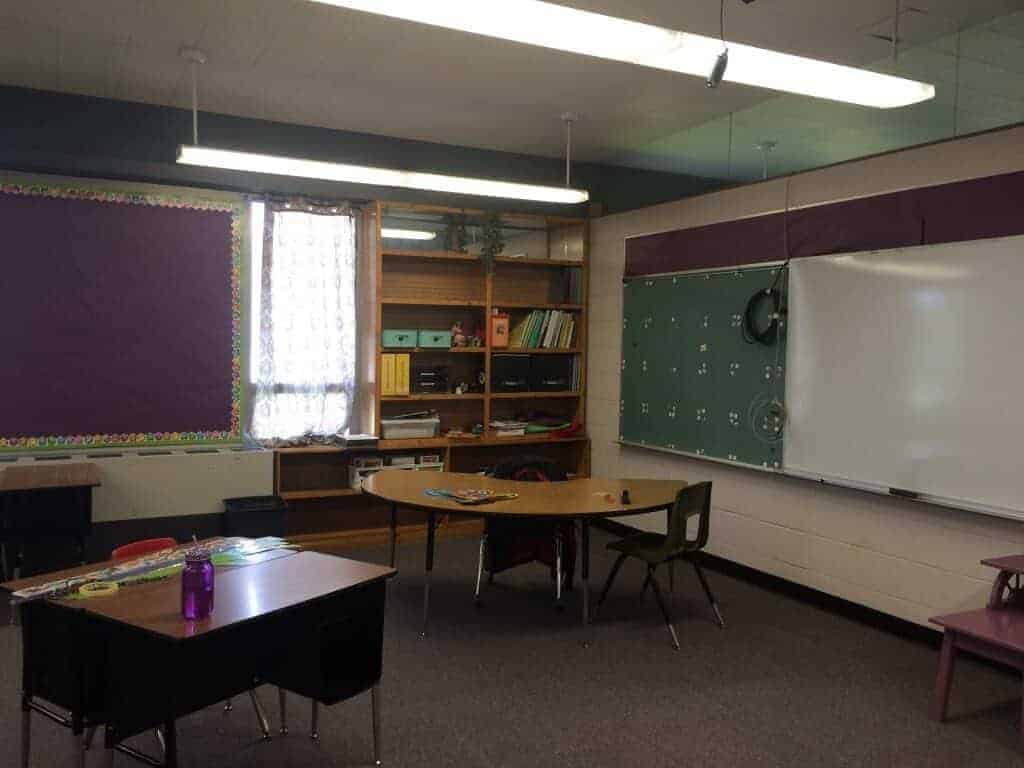 Teacher corner and bulletin boards.