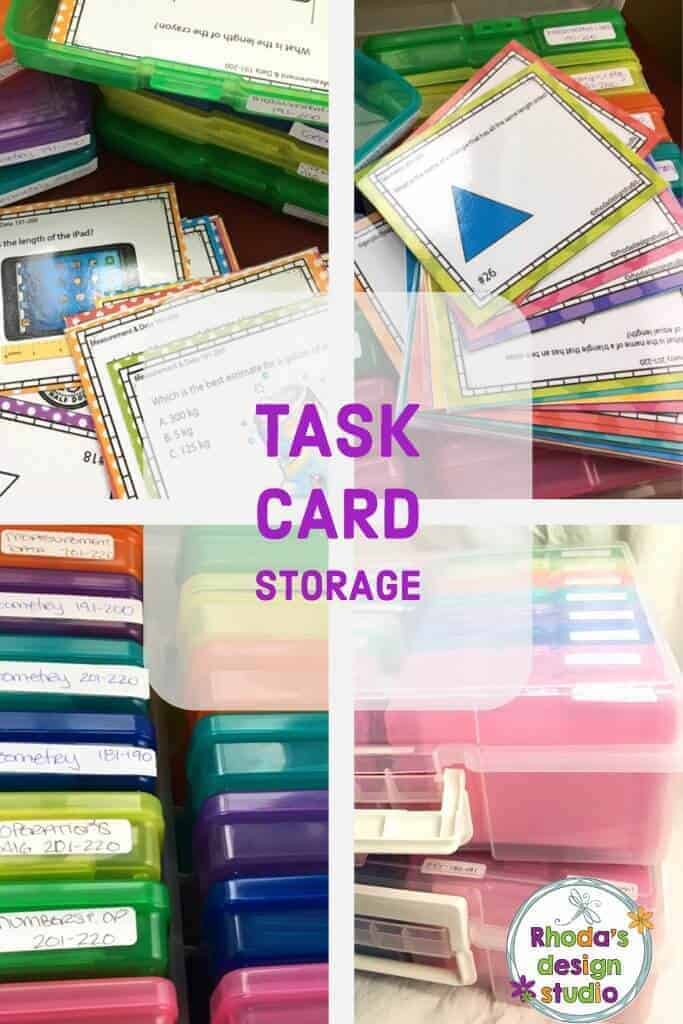 Task card organization for your classroom. Options to help you store and reuse your task cards every year. Rhoda Design Studio