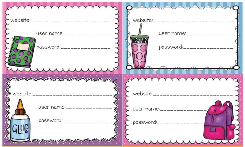 24 colorful name tags and password cards. Print as many website cards as needed to keep track of your students user names and passwords. Great for sites like MobyMax, Wonders student area, NWEA Skills Navigator, and more!