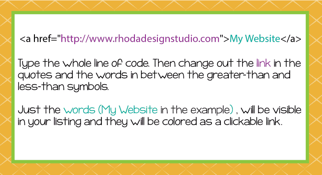 The basics of selling TPT products. How to create a clickable link in your listing. Code for an active link. Rhoda Design Studio