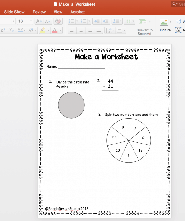 Make math worksheets that you can use with your students or sell online. Worksheet printables are a great way to differentiate assessments for your classroom and they are easy to make! Add borders and clipart to dress them up.