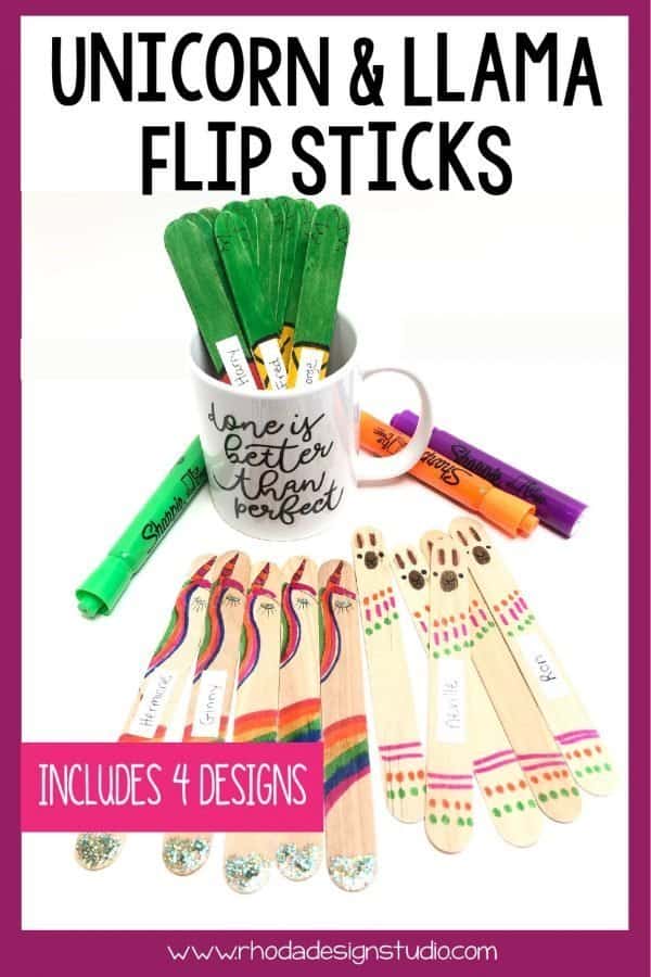 Use flip sticks made from craft sticks to help with classroom management. Keep track of which students you have called on and which still need a turn. Create a llama, unicorn, watermelon, or pineapple stick to match your class theme.