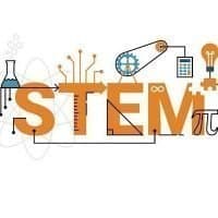 What is STEM. Illustration of STEM education word typography design in orange theme with icon ornament elements