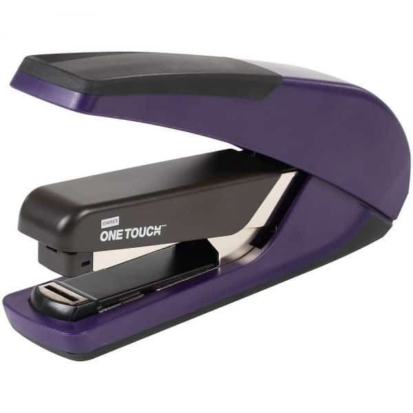 A one touch stapler in purple.