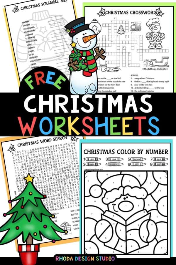 christmas worksheets wordsearch color by number word scramble