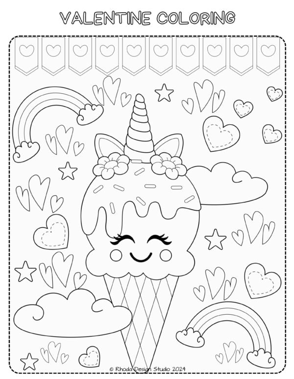 free kawaii cutie unicorn icecream printables for valentines coloring page-1