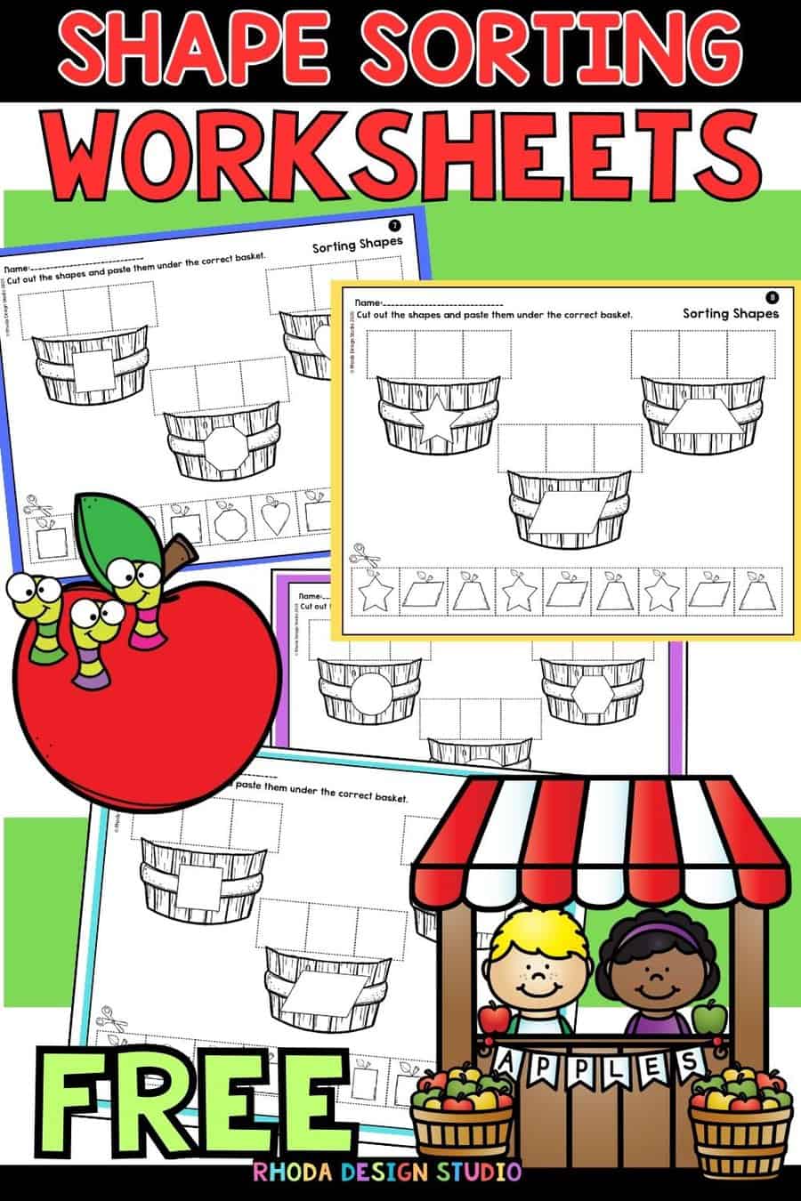 Free Fun and Educational 2D Apple Shape Sort Worksheets for Kids