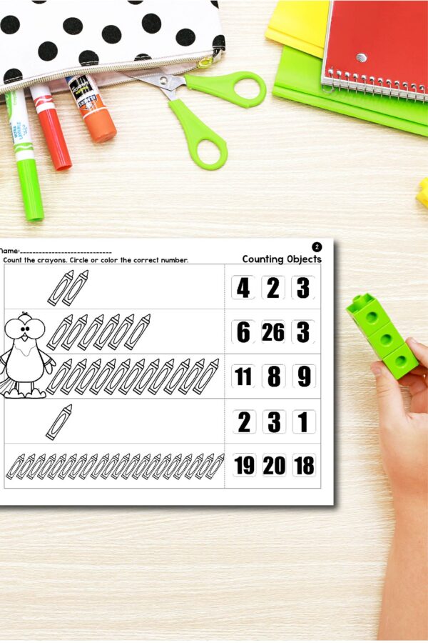 Counting objects. One to one correspondence worksheets for Pre-K and Kindergarten.