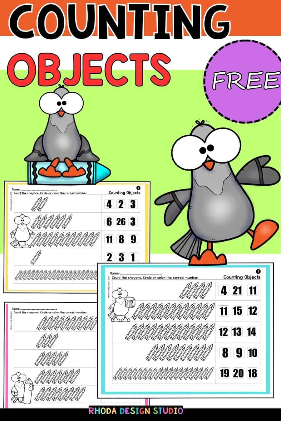 Counting objects. One to one correspondence worksheets for Pre-K and Kindergarten.