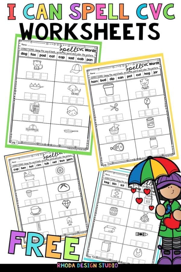 These free printable CVC word worksheets are a no-prep literacy activity for pre-k and kindergarten students! Click through for 4 free CVC spelling word pages.