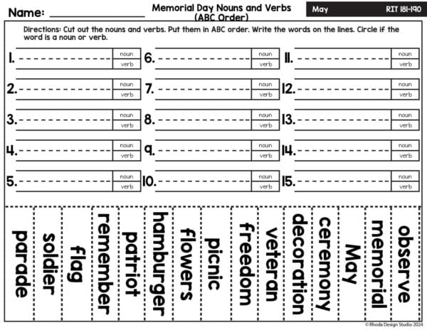 memorial day noun and verb sort ABC order