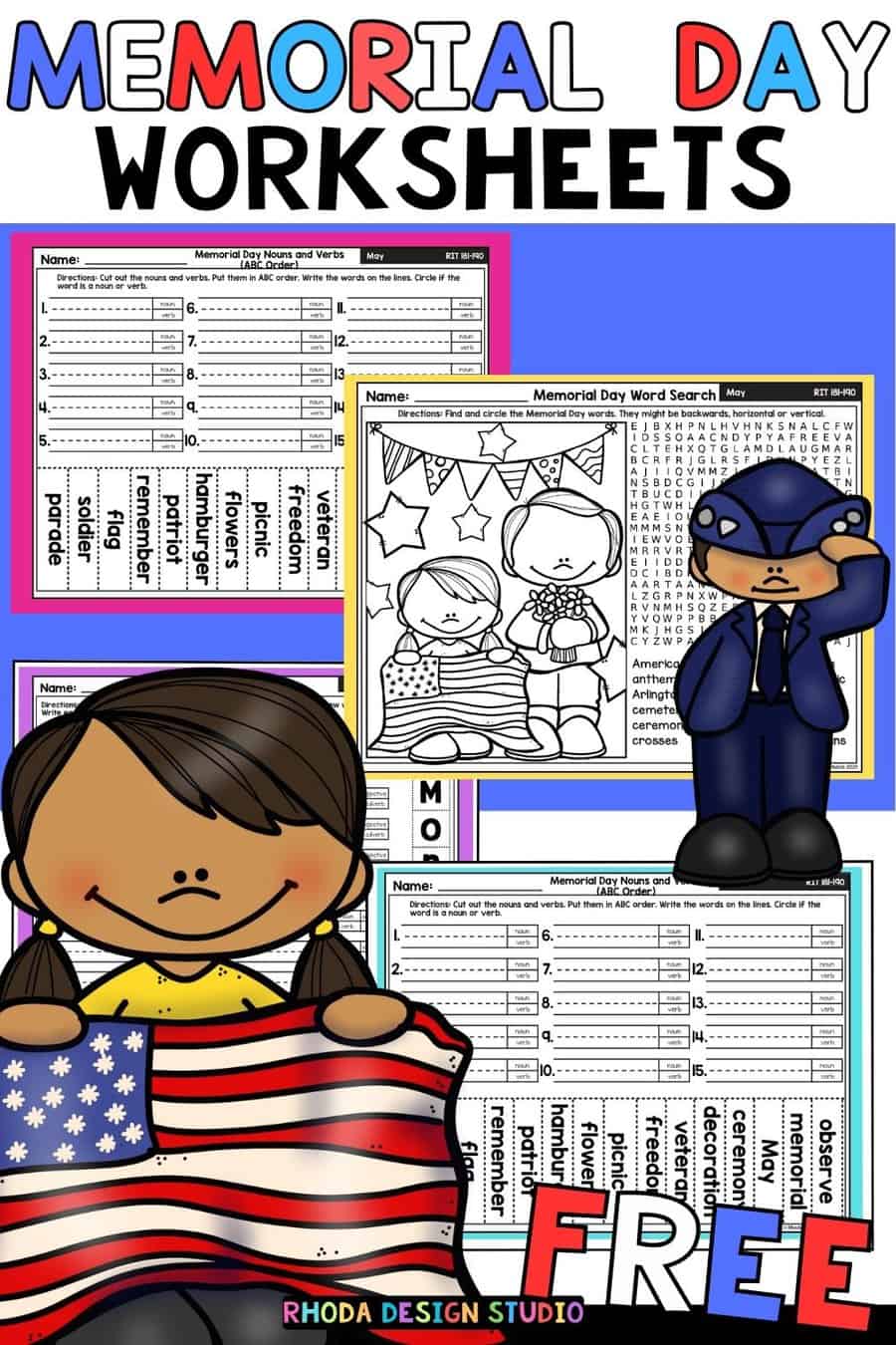 Free Memorial Day Worksheets: Word Search, ABC Order, Make New Words. Easy to print. No prep worksheets for teachers and homeschool.