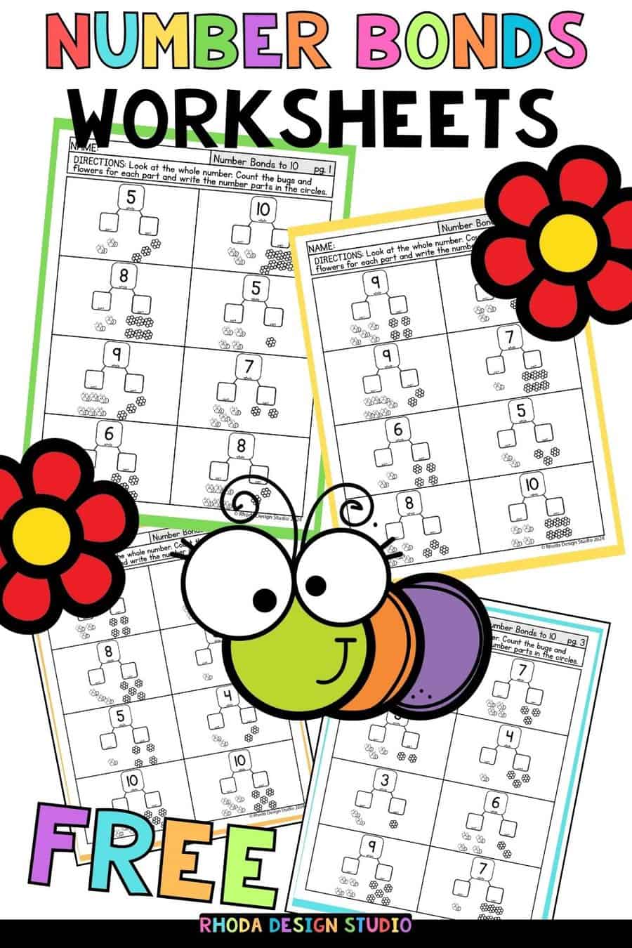 Free Number Bonds Worksheets: Bugs and Flowers