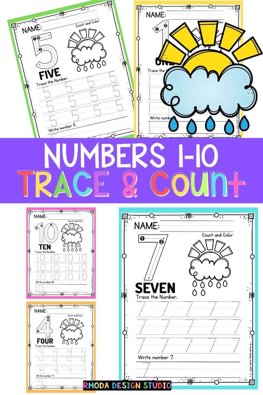 Free Printable Spring Rain Number Worksheets 1-10