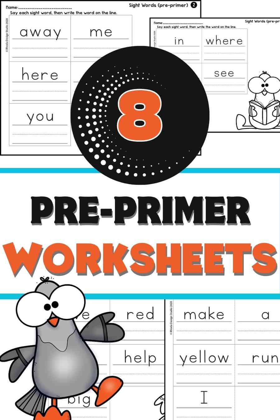 Pre-Primer sight word worksheets for Kindergarten and first grade reading practice. Pigeons and word tracing fun.
