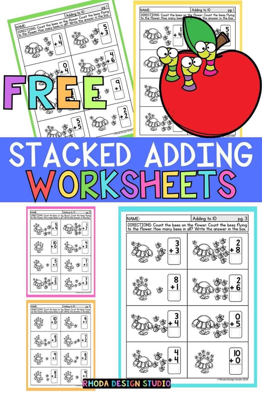 Stacked Addition Up to 10: Free Worksheets
