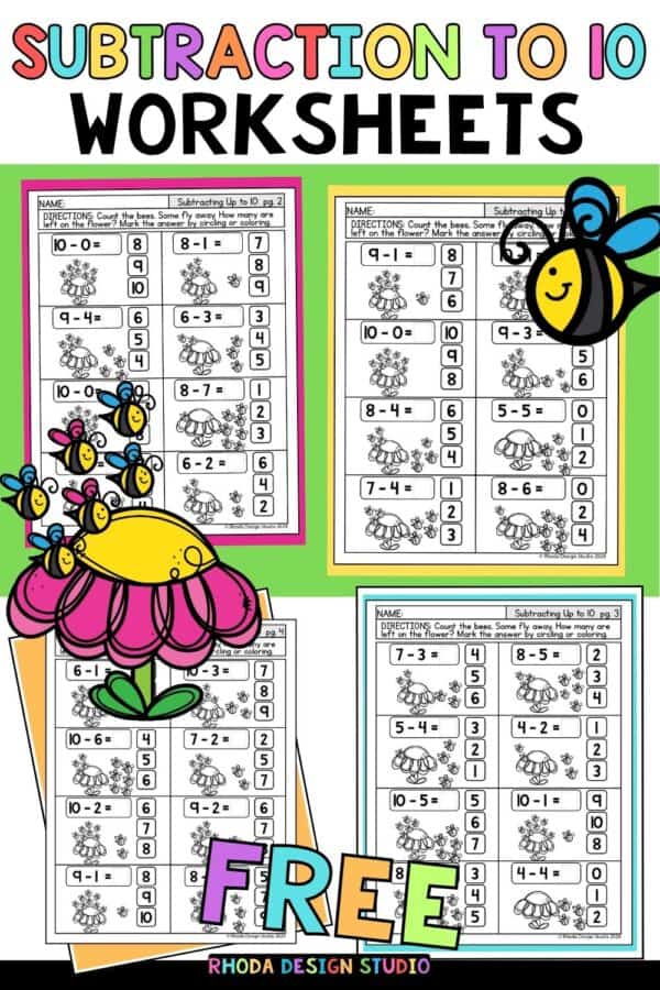 If you are working on teaching preschool, pre-k, and kindergarten age kids how to subtract, you will love these subtraction worksheets! This pack of free printable kindergarten subtraction worksheets makes learning math easy by using subtraction worksheets with pictures.