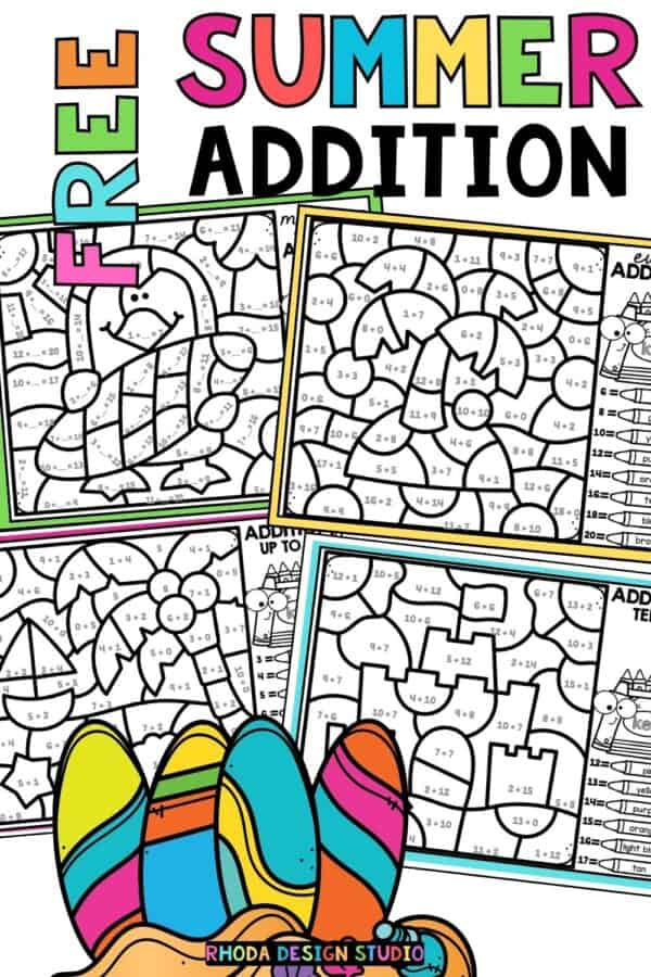 These free summer color by number addition worksheets are great to practice number and math facts with FUN summer color by code pages. Download the pdf summer activity now.