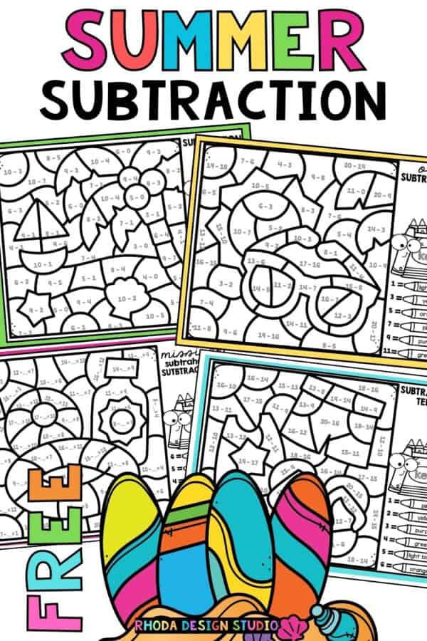 These free summer color by number subtraction worksheets are great to practice number and math facts with FUN summer color by code pages. Download the pdf summer activity now.