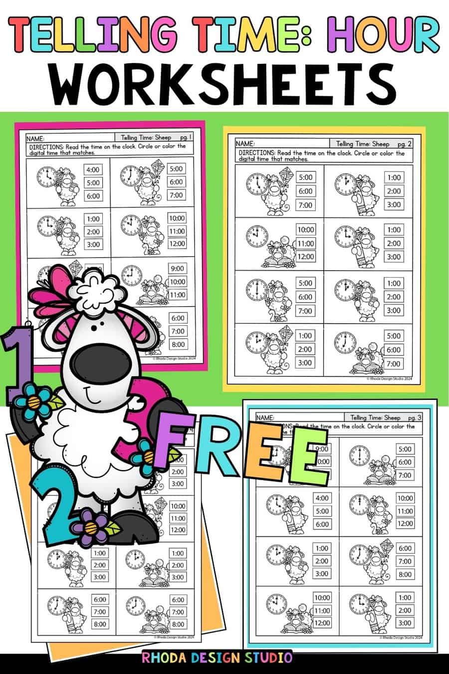 Spring Lamb Telling Time to the Hour Worksheets for Kids