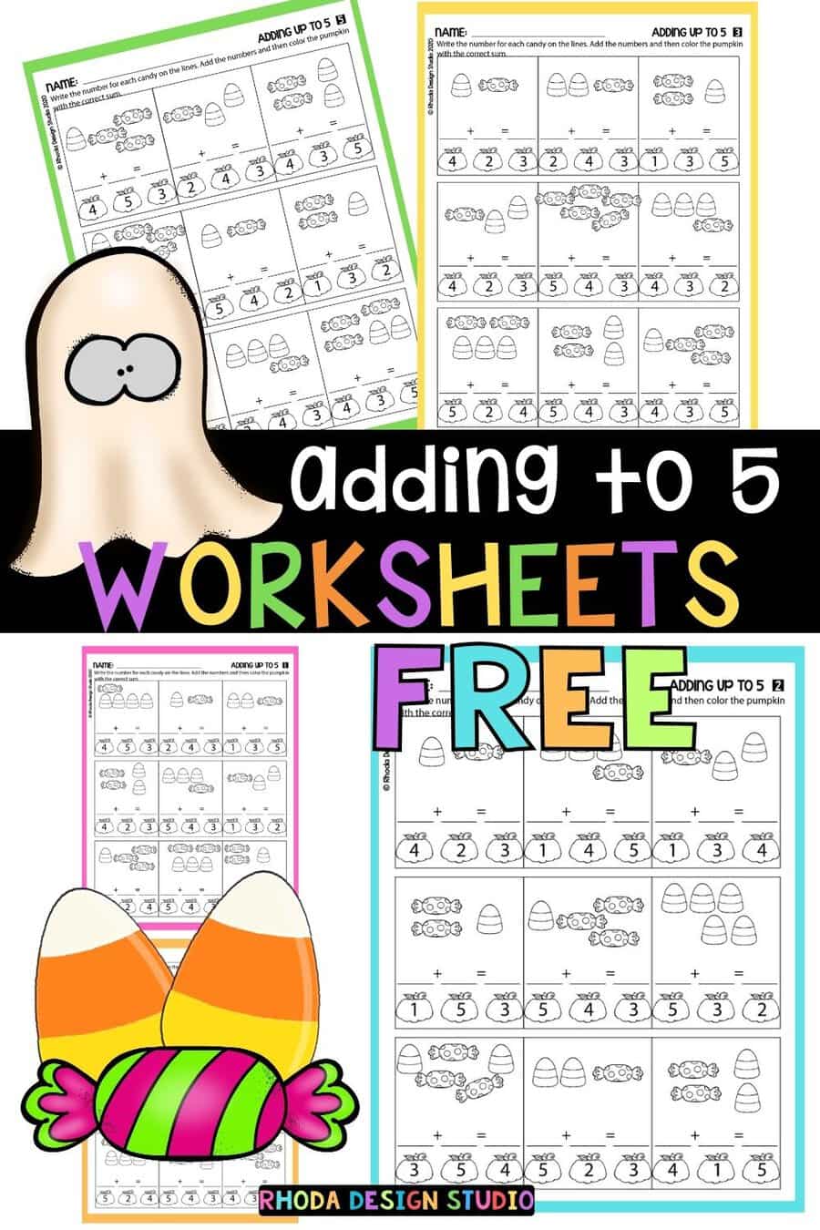 Adding up to 5 with Halloween Candy. Fun fall worksheets. free pdf, click here.