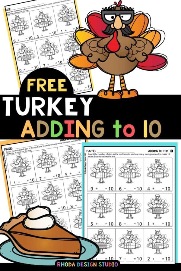 Adding to 10 with turkey ten frames. Pre-K and Kindergarten math worksheets. Number Sense printable. Free download.