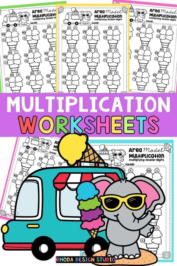 Area model multiplication worksheets. Double-digit multiplication worksheets with ice cream scoops. Fun visual math practice. Free download pdf.