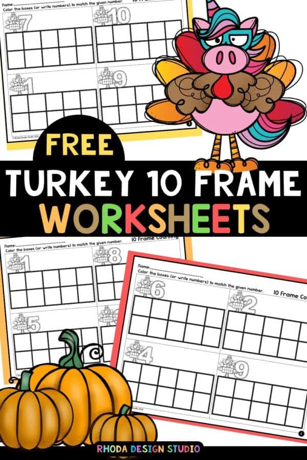 Counting to 10 with Turkey ten frames. Pre-K and Kindergarten worksheets. Free download.