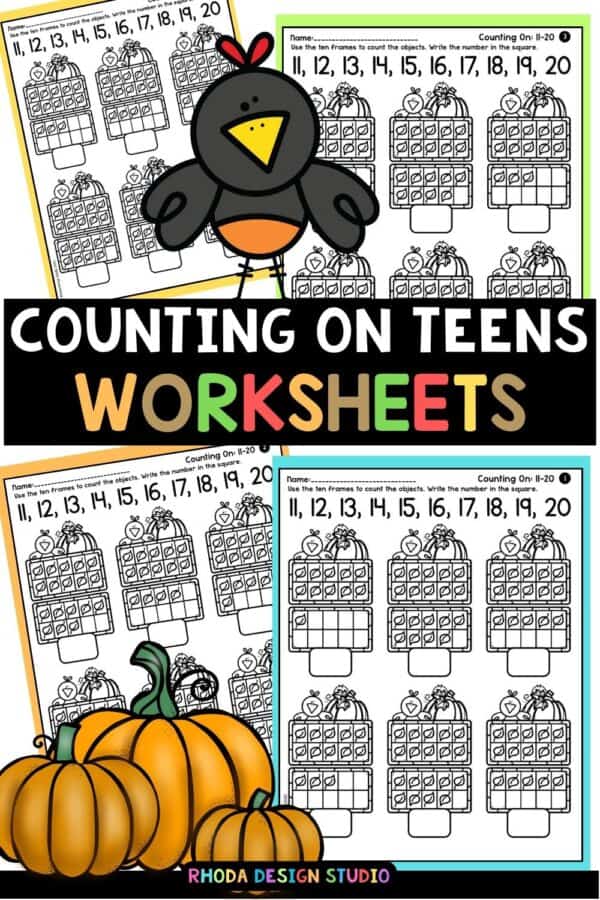 TEEN NUMBERS - count how many worksheet - easy NO PREP activity for kindergarten math - counting and cardinality common core unit - FREE printables