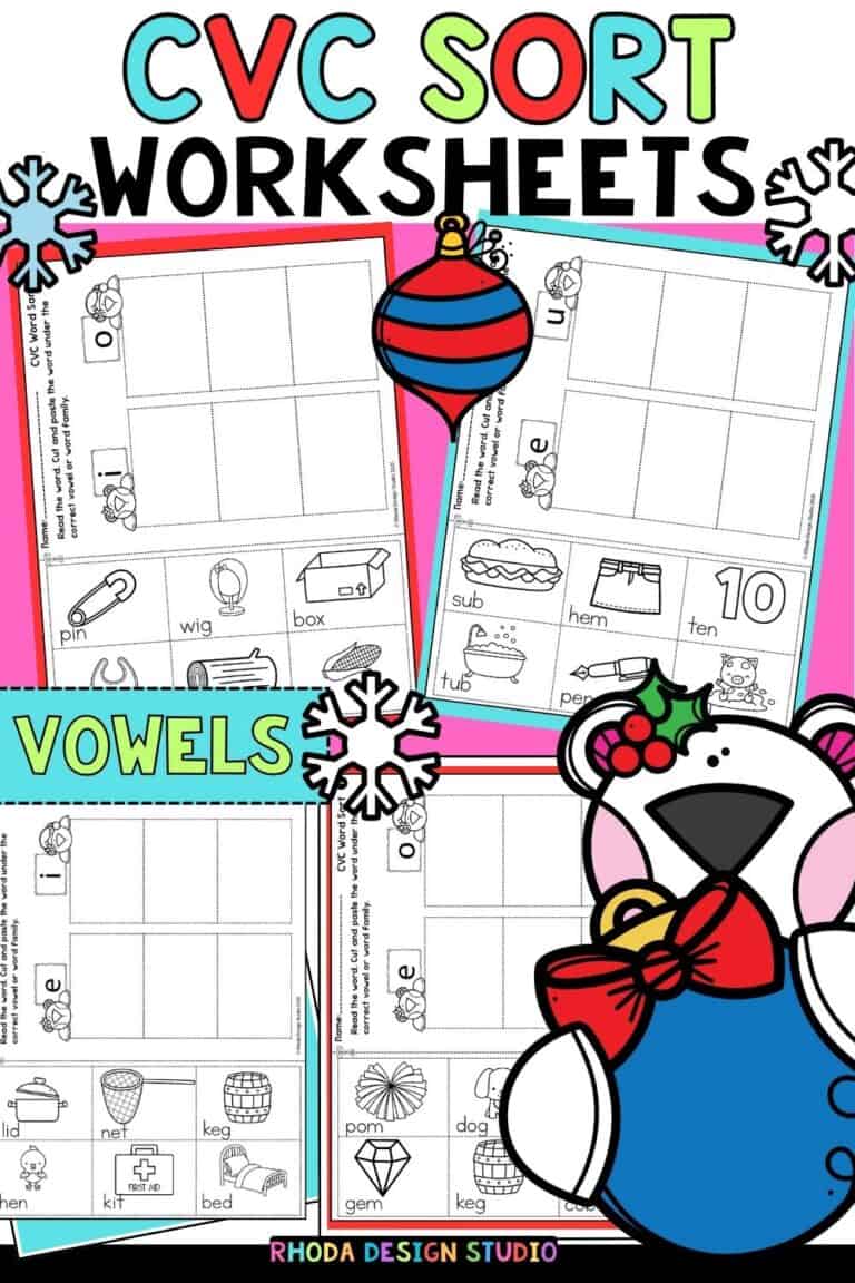 Free Cut and Paste CVC Word Sort Worksheets: Winter Themed