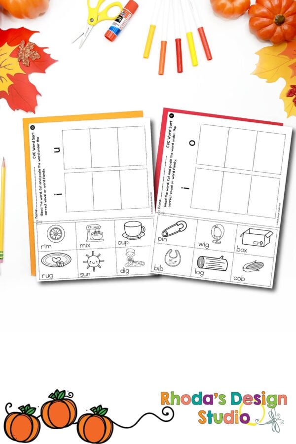 CVC word sort. Vowel sort. Cut and paste worksheets for Pre-K and Kindergarten. Free download.