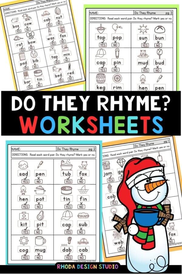 Do They Rhyme Worksheets: Early literacy CVC words practice. Reading worksheets. #EarlyLiteracy #RhymingWords #CVCWords #PhonicsFun #Homeschooling