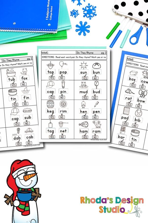 Do They Rhyme Worksheets: Early literacy CVC words practice. Reading worksheets. #EarlyLiteracy #RhymingWords #CVCWords #PhonicsFun #Homeschooling