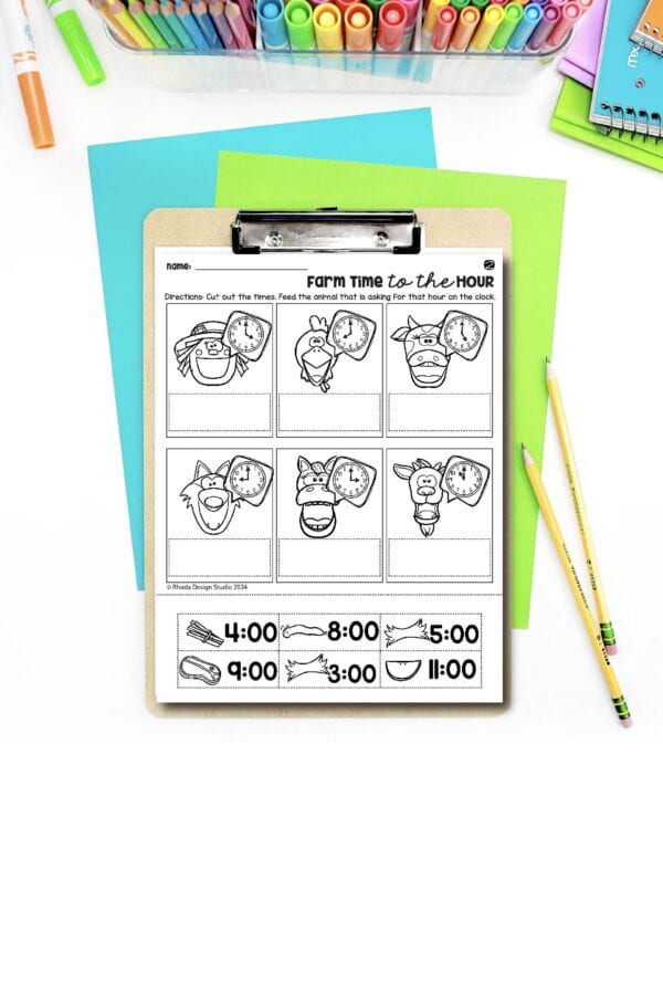 Free telling time worksheets. Students determine the time that the farm animal is asking for on the analog clock. Then they cut and paste the proper digital time under the animal to “feed it”. Engaging and fun telling time worksheets.