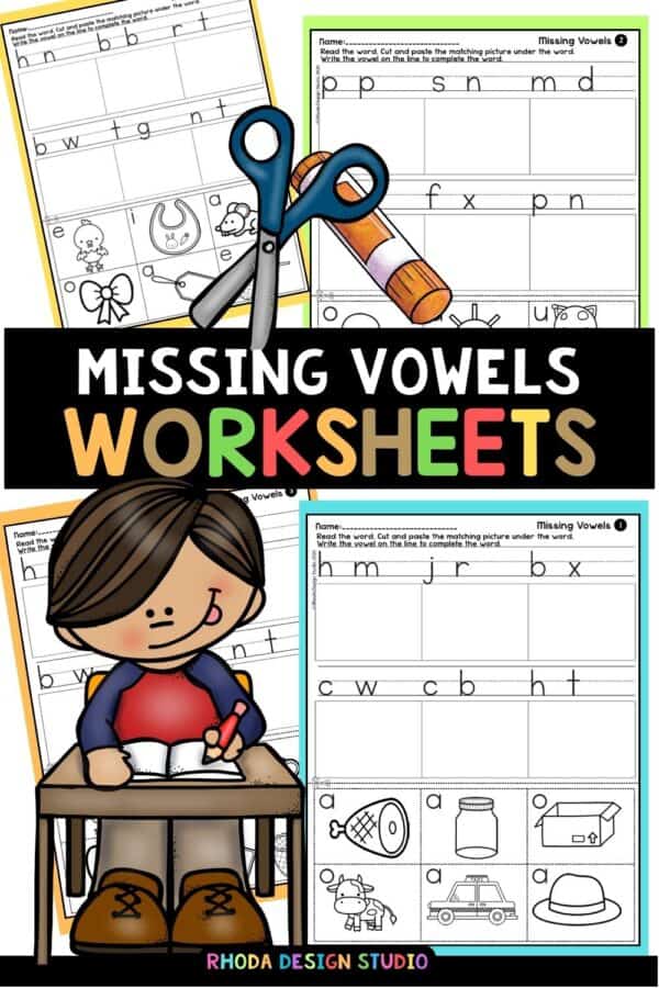 Missing vowels worksheets cut and paste phonics practice.