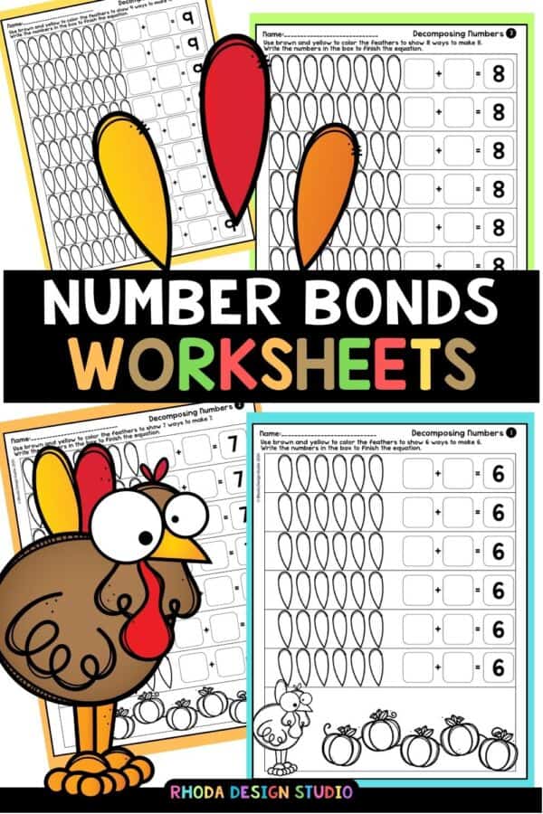 November Number Bonds: Decomposing numbers 6, 7, 8, and 9. Color the feathers to see the different number combinations. Free worksheet PDF for Pre-K and Kindergarten.