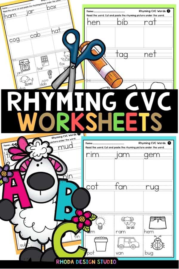 rhyming cvc worksheets early phonics practice literacy SOR cut and paste