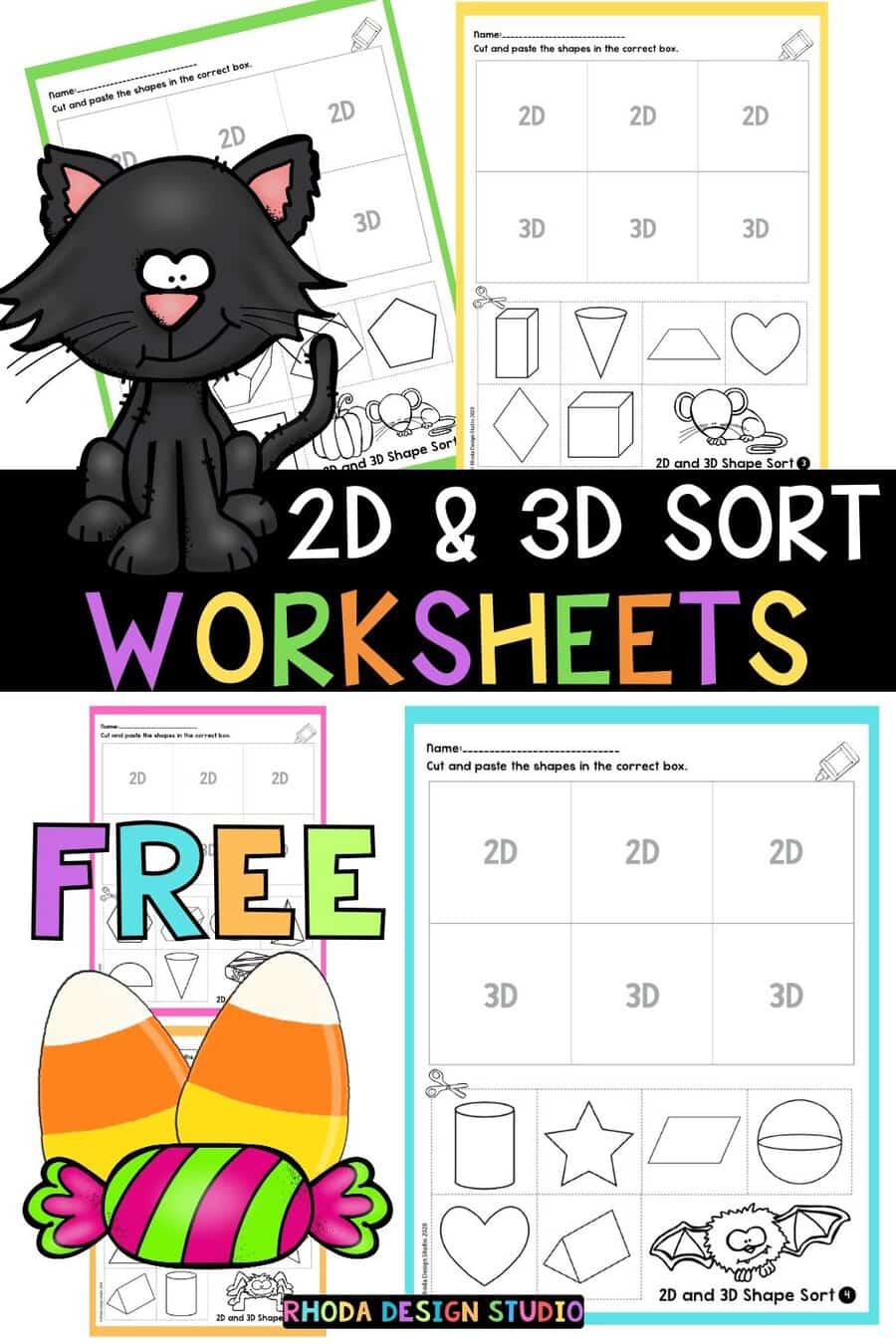 Sorting 2D and 3D shapes. Halloween candy themed worksheets. Free downloadable PDF.