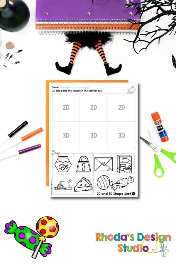 Sorting 2D and 3D shapes. Halloween candy themed worksheets. Free downloadable PDF.