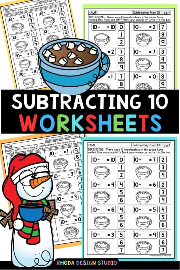 Subtracting from 10 worksheets. Missing minuend practice with hot cocoa and marshmallows. Fun math worksheets. Free download pdf.