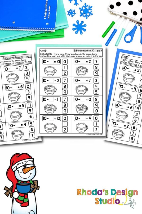 Subtracting from 10 worksheets. Missing minuend practice with hot cocoa and marshmallows. Fun math worksheets. Free download pdf.