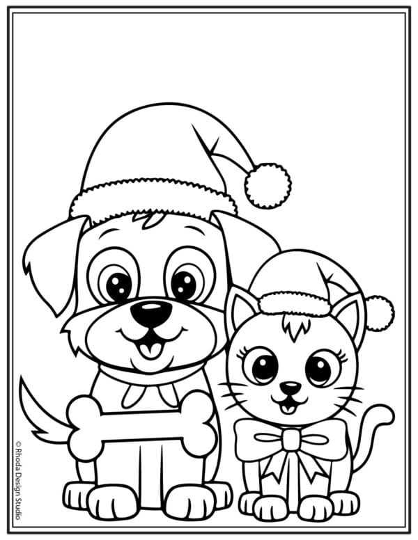 Christmas-Coloring-Pages_cat-dog-santa-hats