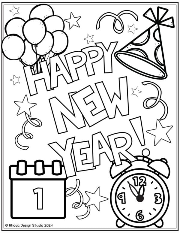 happy-new-year-coloring-page_party-hat-clock-calendar