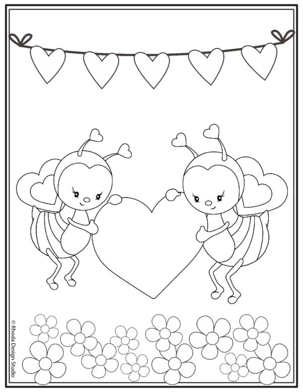 valentine-coloring-pages_bees-love-flowers