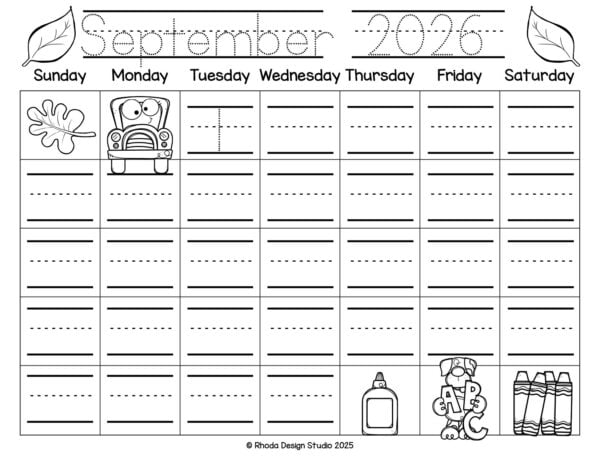 These 2026 kid-friendly monthly calendars are adorable AND educational.
Let your kids trace the dates, write birthdays, and color the month headers!
Save for your morning tubs or binder station!