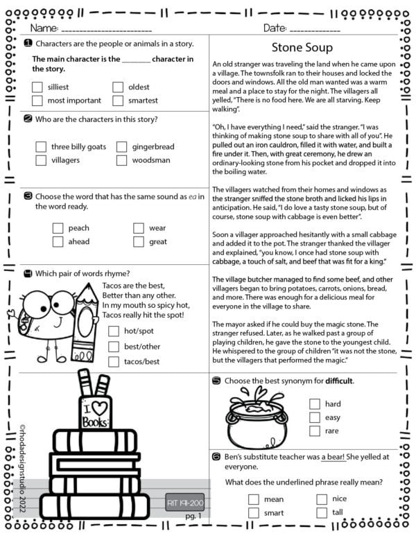 ELA Reading Worksheets RIT Band 191-200 sample