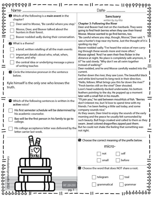 ELA Reading Worksheets RIT Band 221-230 sample