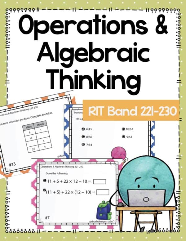 Operations and algebraic thinking task cards cover for K-5 students at RIT 221-230