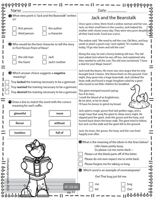 Reading practice worksheet for K-5 students at RIT 205 with author's purpose and figurative language